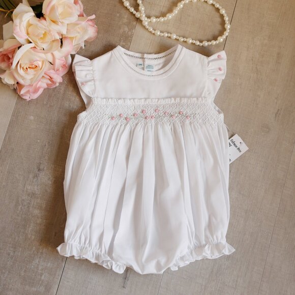 White Smocked Romper Rose Garden Collection Fly Sleeve Feltman Brothers NWT - Picture 1 of 5